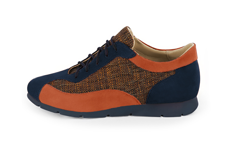 Navy blue and terracotta orange women's elegant sneakers. Round toe. Flat rubber soles. Profile view - Florence KOOIJMAN